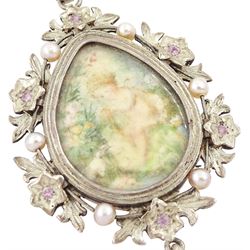 19th/ early 20th century silver portrait miniature jewellery including a pearl set pendant painted with a cherub, a ring painted with a young girl wearing a bonnet and brooch with seed pearl surround, all on ivory. This lot has been registered for sale under Section 10 of the APHA Ivory Act