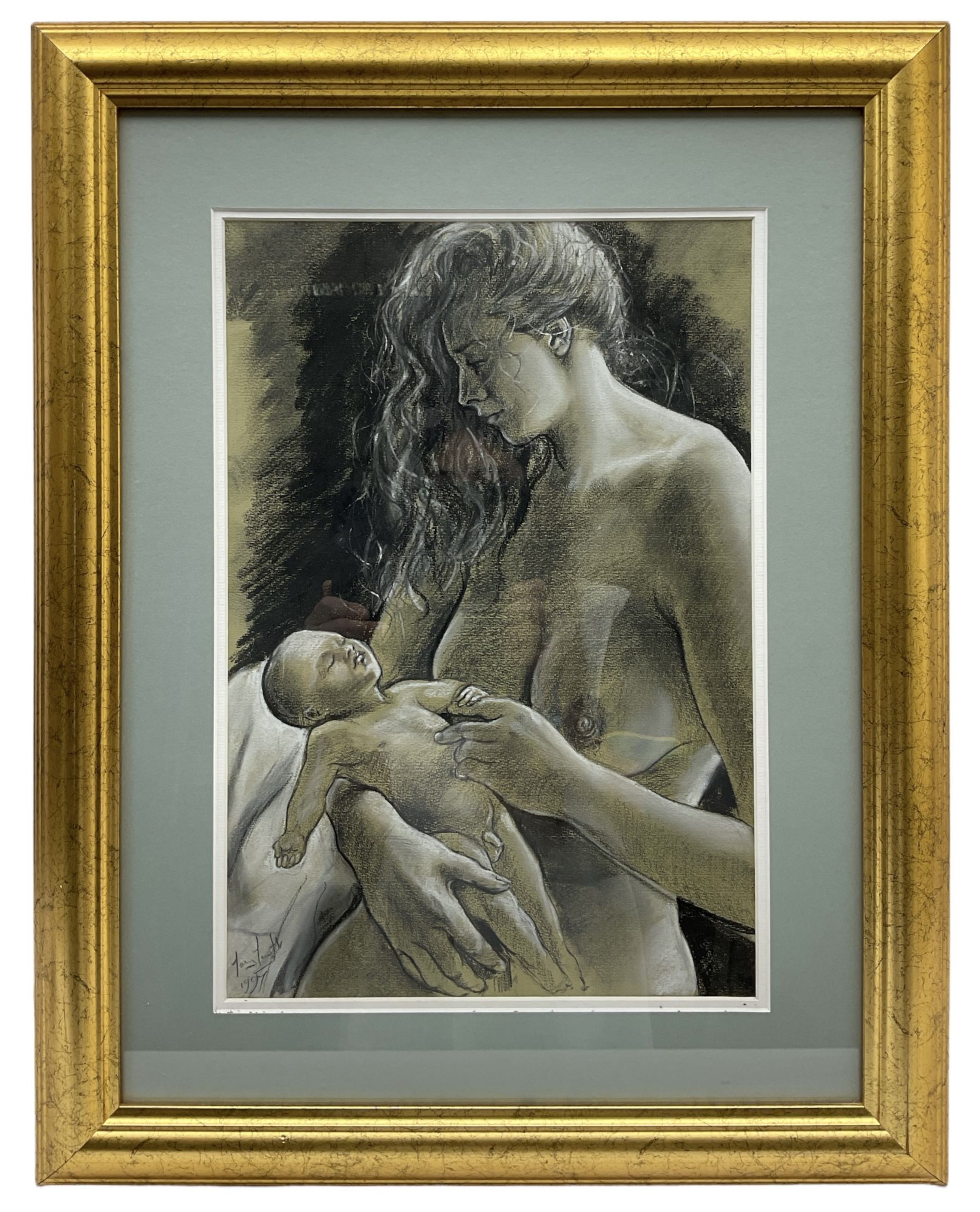 Anthony 'Tony' Tewfik (British 1955-): Nude Mother and Child Study, charcoal and crayon signed and dated 1997, 40cm x 27cm