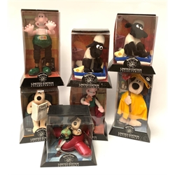  Wallace & Gromit - seven 'Born To Play' limited edition plush toys - 'Wrong Trousers Wallace', 'Armchair Gromit', two 'Shaun on Cheeseboard', 'Aeroplane Gromit', 'Armchair Wallace' and 'Raincoat Gromit', all boxed, four with outer packaging  