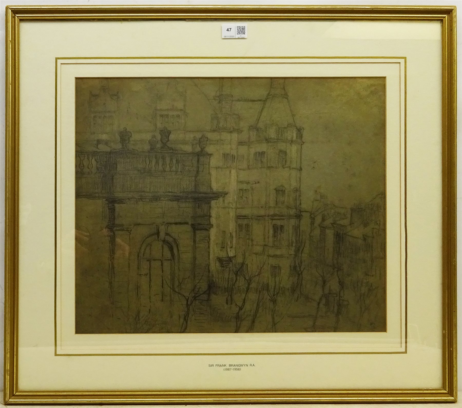 Sir Frank Brangwyn RA, RWS, RBA (British 1867-1956): City Buildings, pencil signed with initials 38cm x 47cm
Provenance: purchased from Patrick Payne, Phoenix Fine Art 

