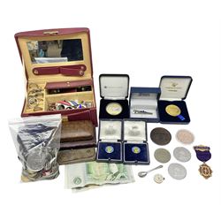 Two hallmarked silver 'J.L Co Ltd Magister W.B.D.' badges both cased, various commemorative medals,  commemorative crowns, costume jewellers and other miscellaneous items