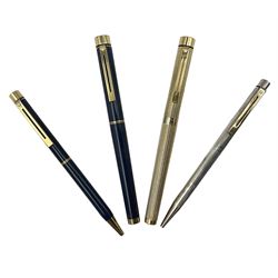 Sheaffer Targa 1011 Diamond Square fountain pen, the gold plated barrel with nib stamped 14K 585, together with another Sheaffer Targa fountain pen with blue barrel and gold nib stamped 14K 585 and matching ballpoint, and Sheaffer ballpoint pen with sterling silver barrel, largest L13.5cm (4)