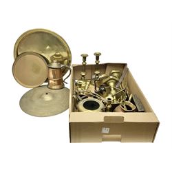 Brass charger, quantity of brass candlesticks, pair of cobra candlesticks and a collection of other brass and metal ware, etc