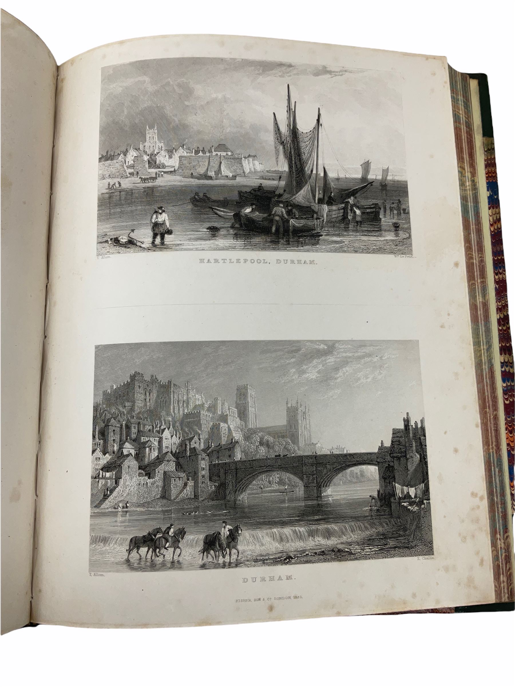 The Works of William Hogarth, in a Series of Engravings with Descriptions and Comment on their Moral Tendency, by the Rev. John Trusler, bond together with Durham & Northumberland Illustrated from Original Drawings by Thomas Allom and Wales Illustrated in a series of views, together with a bound group of maps of Europe. 

