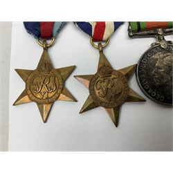 WW2 group of five medals comprising 1939-1945 War Medal, Defence Medal, 1939-1945 Star, France and Germany Star and Canadian Volunteer Service Medal; on wearing bar with ribbons; with a medal box and slip and three photographs
