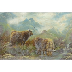  Highland Cattle, two early 20th century gouache's unsigned, Still Life of Vases, 19th century oil on canvas unsigned and two others max 45cm x 55cm (5)  