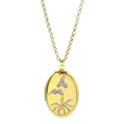 9ct gold oval locket pendant with engraved floral decoration, hallmarked, on 9ct gold belcher link chain