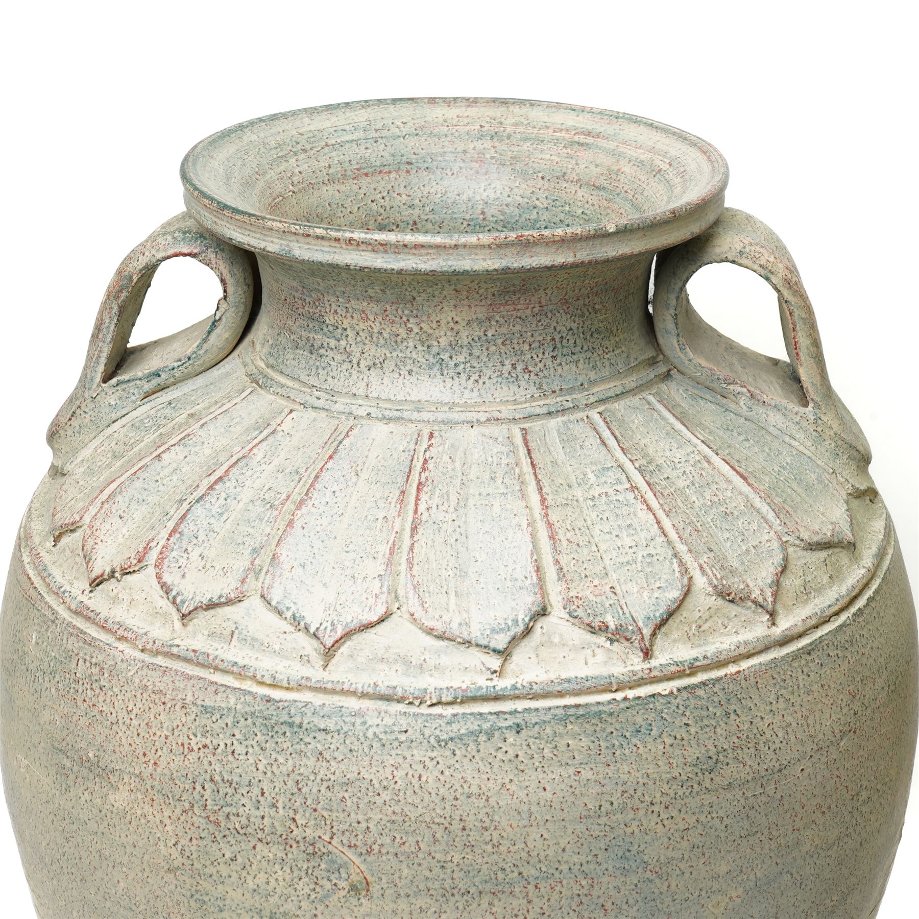 Near pair of large Taiwanese urns, with repeating leaf boarder to the neck, H49cm and H51cm (2)