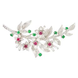 White gold old cut and single cut diamond, ruby and emerald flower spray brooch