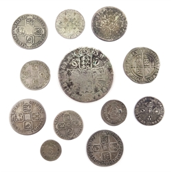  Collection of hammered and early milled coinage Elizabeth I hammered sixpence, Charles II crown and threepence, William III shilling and sixpence, Anne post union shilling 1709 and sixpence 1711, George I shilling 1720 and silver twopence 1721, George II shilling 1758 and sixpence 1757 and a George III 1787 sixpence (11)  