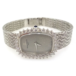  Baume & Mercier 18ct white gold manual wristwatch, bezel set with 32 diamonds and cabochon sapphire crown, on woven 18ct bracelet, purchased Boodle & Dunthorne   
