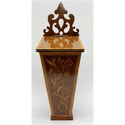 George III style mahogany candle box, of tapering form with shaped and pierced back, the front inlaid with flowering tendril, H42.5cm