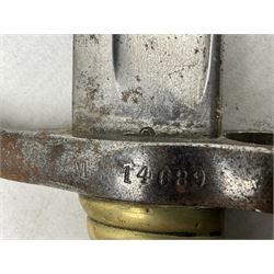 French model 1866 sabre bayonet, the 57.5cm curving blade marked St. Etienne 1873; in associated steel scabbard L71cm; and Mosin-Nagant M1891 socket bayonet with 43cm cruciform blade No.37068 (no scabbard) (2)