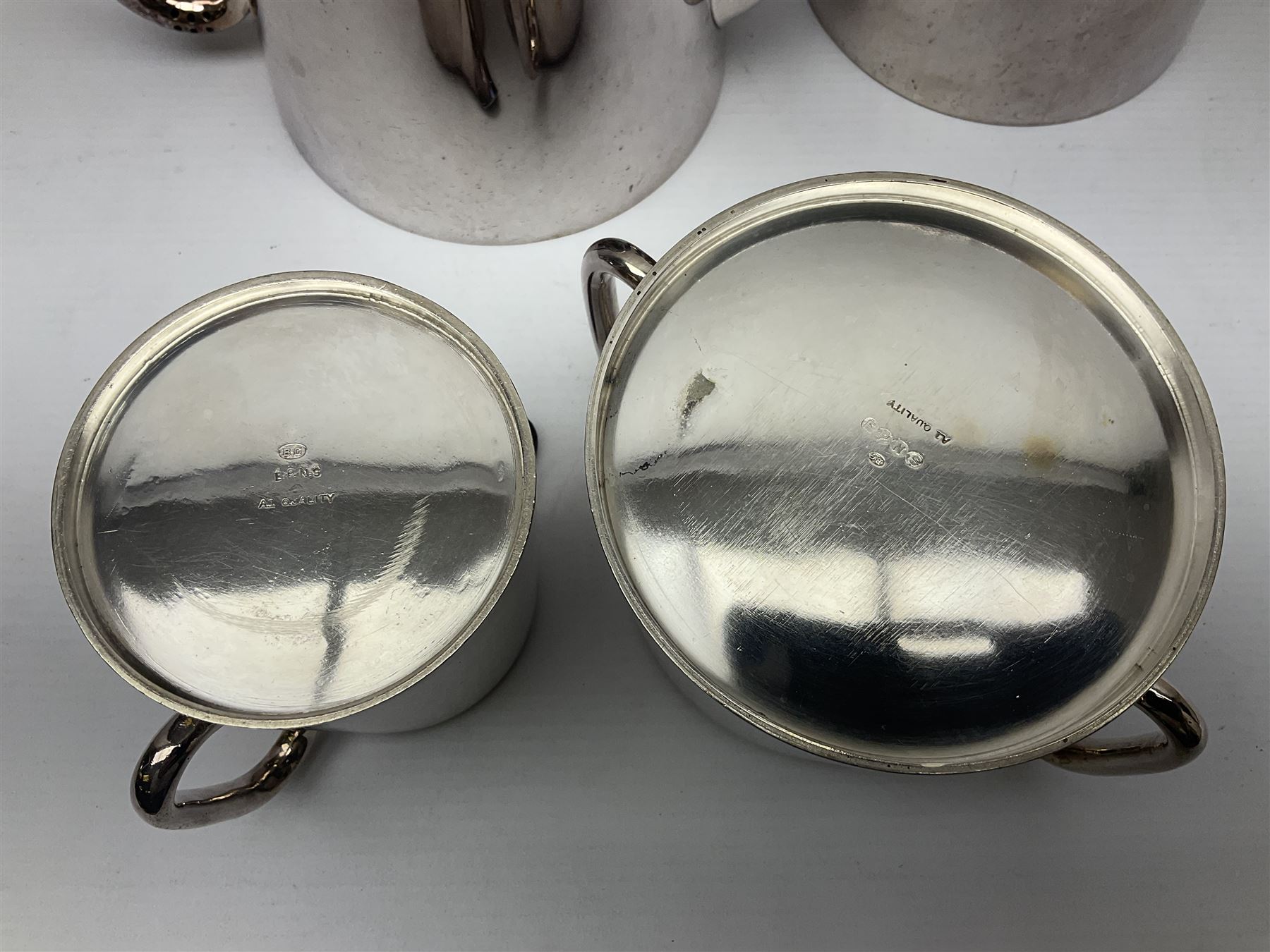 EPNS four piece tea service, comprising teapot, coffee pot, sugar bowl and milk jug