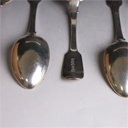 Eight Victorian silver Fiddle pattern dessert spoons, all with engraved initials to terminal, including a set of six York silver spoons, hallmarked James Barber & William North, York 1844 