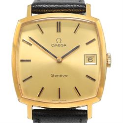 Omega gentleman's gold-plated and stainless steel manual wind wristwatch, Ref. 132.0052, Cal 1030, champagne dial with baton hour markers and date aperture, on black leather strap, boxed