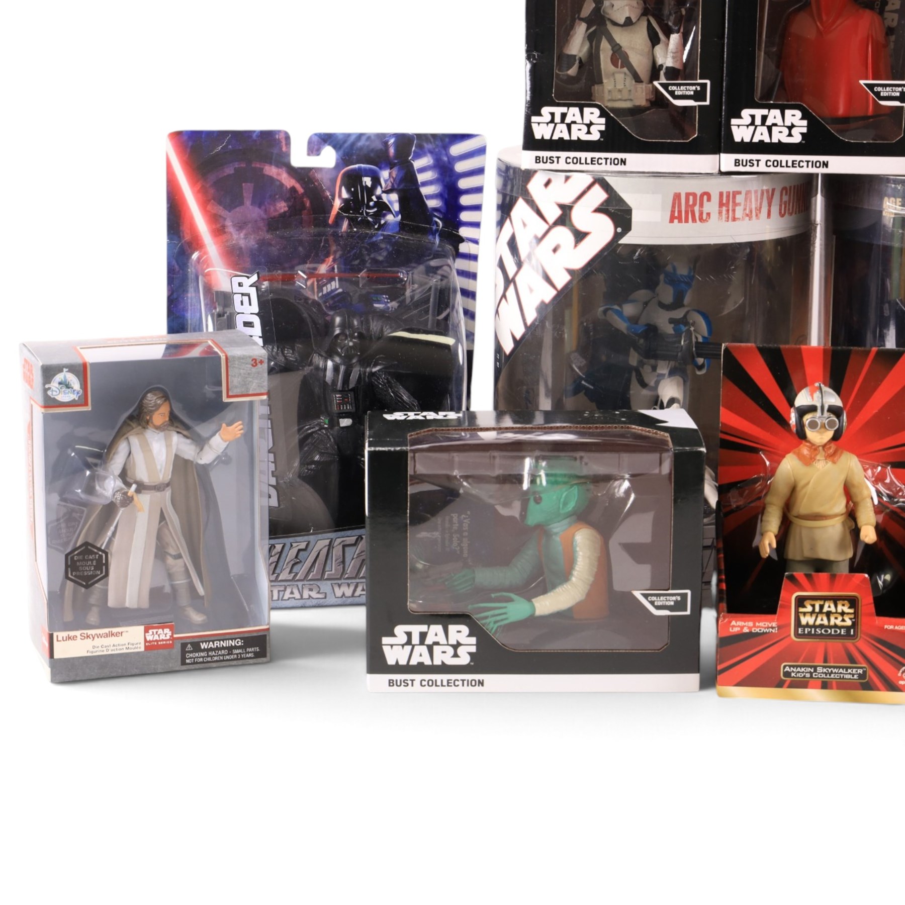 Thirteen Star Wars figures and busts, comprising four Hasbro Star Wars Unleashed figures Darth Vader, Revenge of the Sith Darth Vader, ARC Heavy Gunner and Yoda Versus Sidius, four DeAgostini collector's edition busts, Disney Store Elite Series Luke Skywalker, Code 3 Collectibles Darth Vader Movie Poster Sculpture, Hasbro Episode I Queen Amidala 1999 Portrait Edition and two Applause Episode I figures Watto and Anakin Skywalker, all boxed