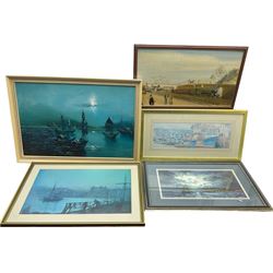 Scarborough Railway Station, oil on board; Continental oil of boats at night; Atkinson Grimshaw print; John Freeman print; and a further print (5)