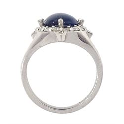 18ct gold cabochon sapphire and round brilliant cut diamond cluster ring, stamped 750, sapphire approx 2.70 carat