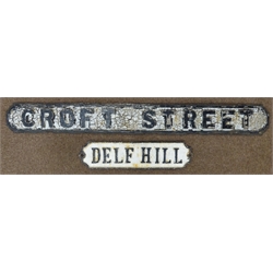  Two Victorian black and white cast iron street signs 'Delf Hill' L57cm and 'Croft Street' L130cm   