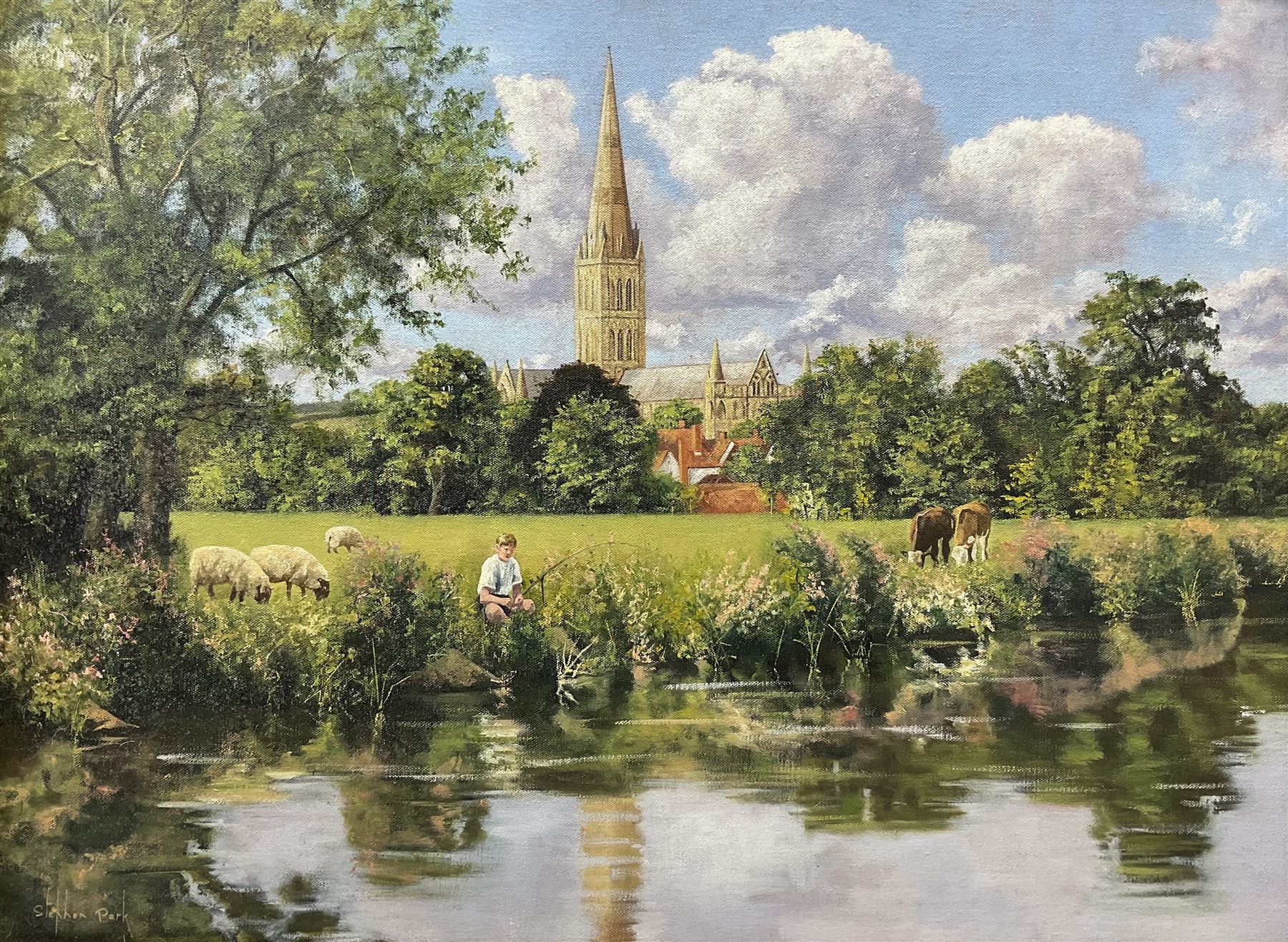 Stephen Park (British 1962-): Salisbury Cathedral from the River, oil on canvas signed 45cm x 60cm