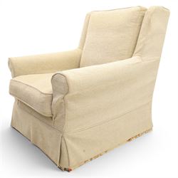 Wesley Barrel - two seater sofa and matching armchair,with scrolled arms and loose cushions, beige chenille fabric, raised on castors  (Armchair: H 100cm, D 100cm, W 87cm)