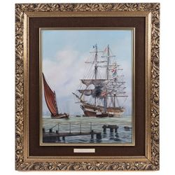 Keith Sutton (British 1924-1991): 'Malabar - Blackwall Frigate' and 'Royal Sovereign', two oils on canvas board signed and dated 1984 and 1985, in matching frames, 50cm x 40cm