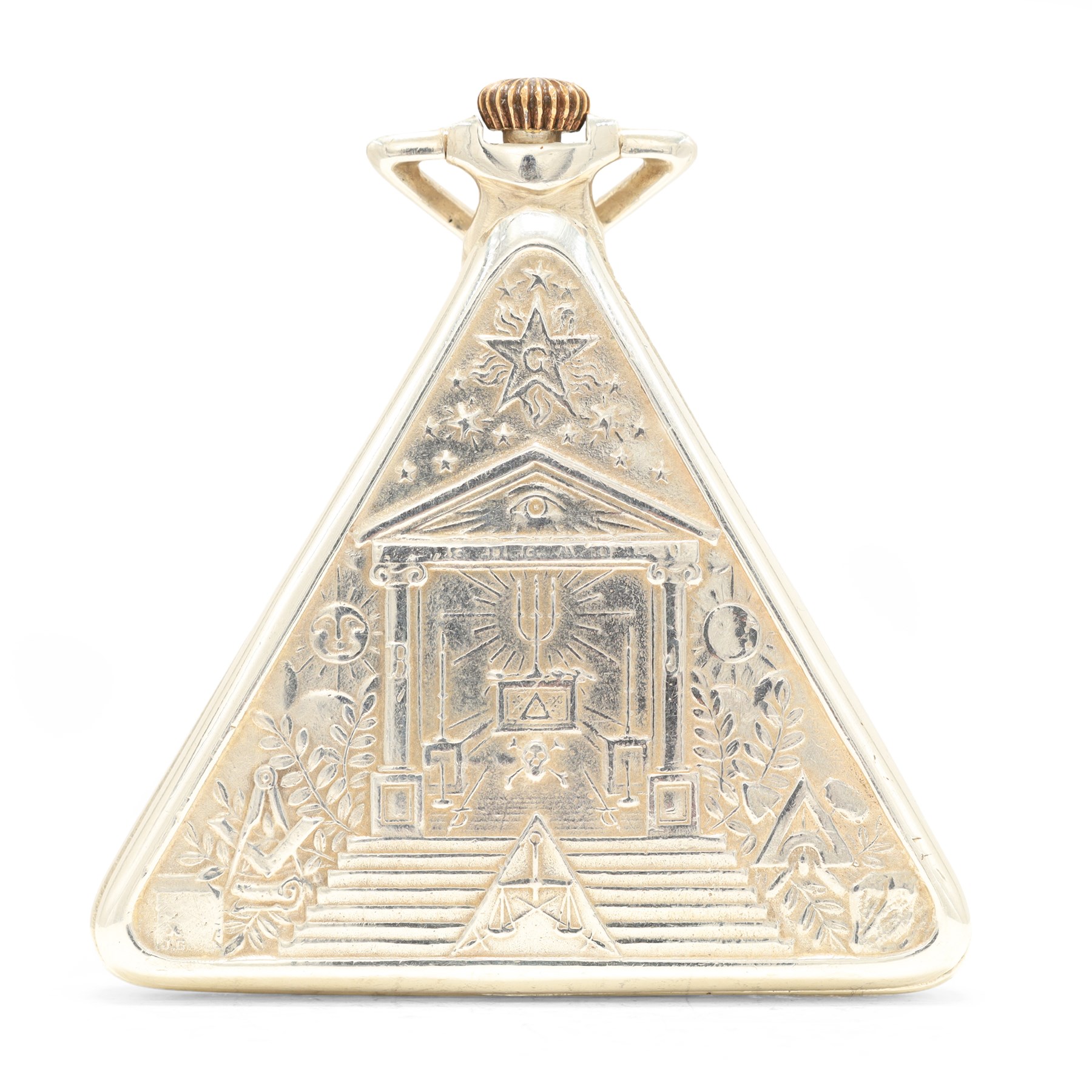 Early 20th century silver Masonic keyless lever pocket watch, triangular mother of pearl dial with Masonic hour markers and inscribed 'Love Your Fellow Man, Lend Him A Helping Hand', case with embossed decoration, Glasgow import mark 1930