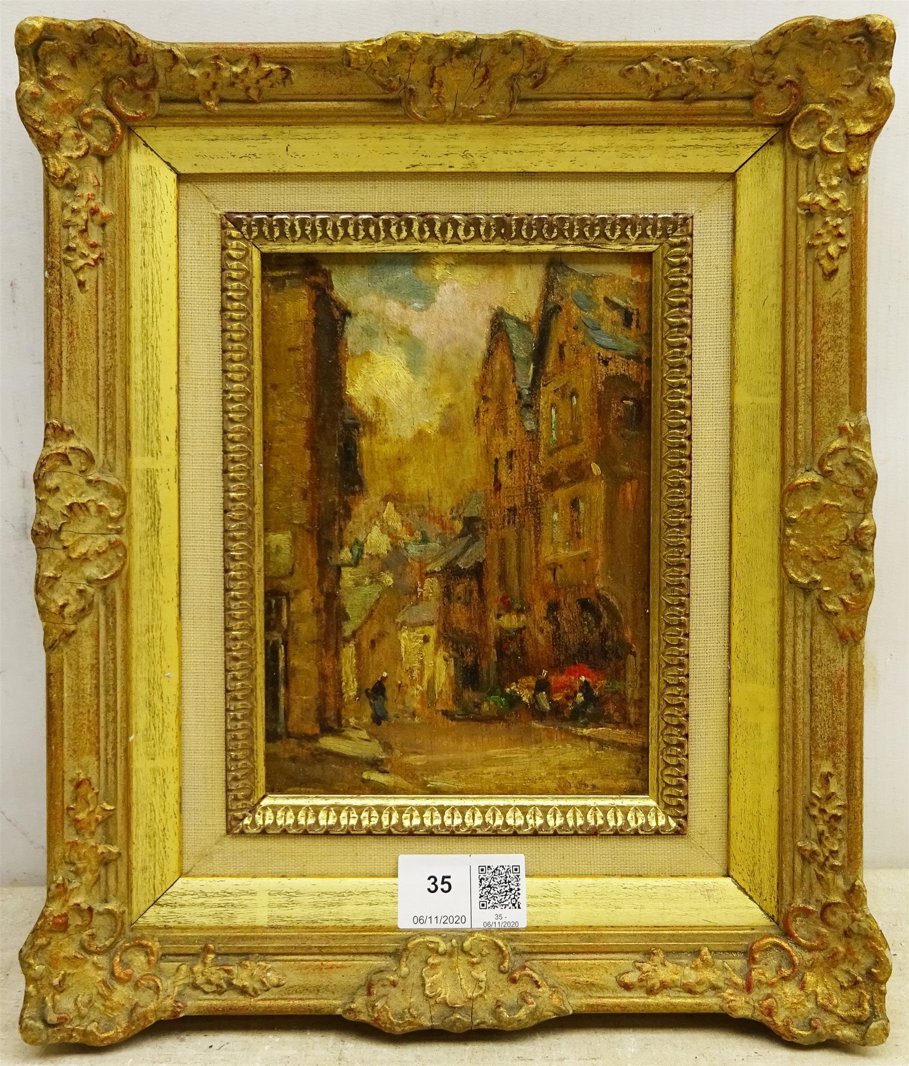 Owen Bowen (Staithes Group 1873-1967): 'A Street in Dinan', oil on panel, inscribed dated 1934 and titled verso 17cm x 12cm

