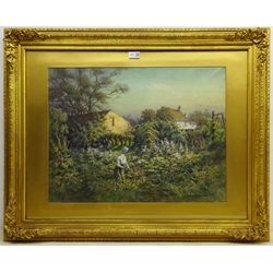 Alwyn Henry Holland (British 1861-1935): Young Woman in a Cottage Garden, watercolour highlighted in white signed 47cm x 62cm
Notes: Holland born in Sheffield, son of a Grocer, managed the family business was a member and secretary of the Sheffield Society of Artists