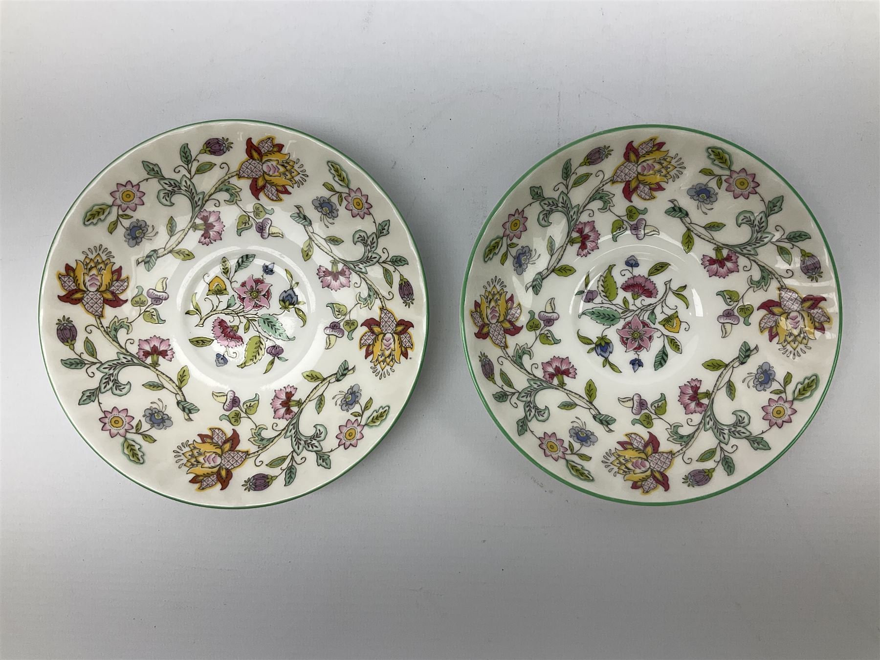 Minton Haddon Hall pattern tea set, comparing teapot, two tea cups and saucers (5)