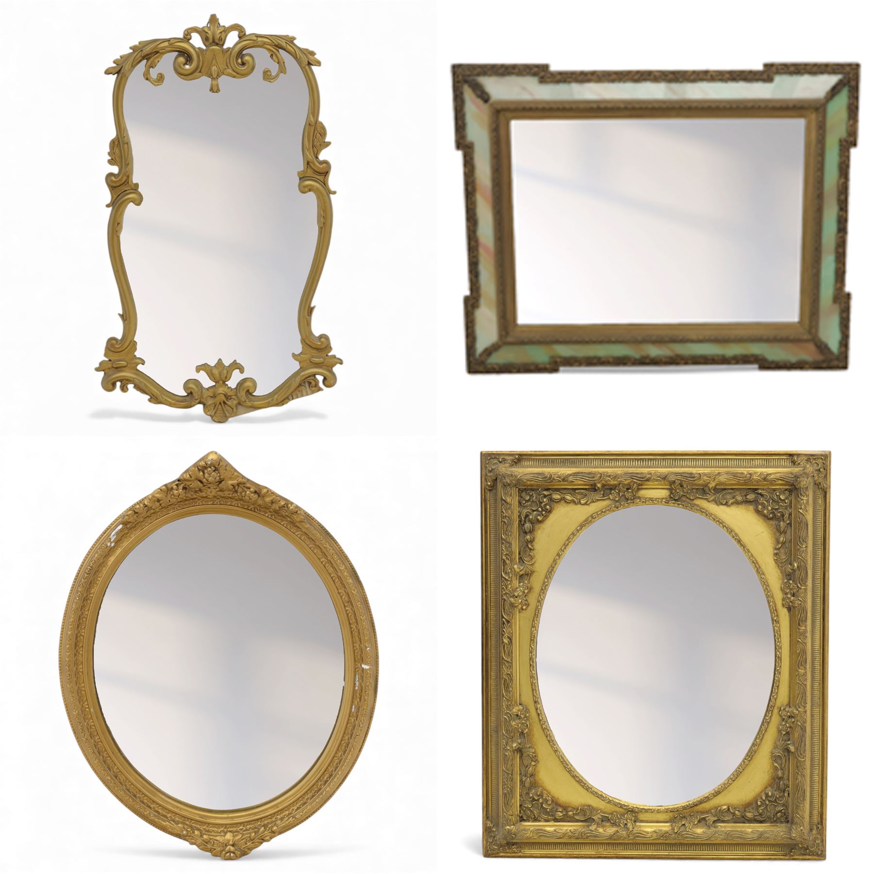 20th century gilt and composition framed wall mirrors, comprising a Rococo revival rectangular mirror with pierced scrolling acanthus and C-scroll cast border enclosing a plain plate (H 65cm, W 40cm), an oval neoclassical mirror with beaded frame, laurel crestings and trailing foliate sprays (H 57cm, W 45cm), a rectangular mirror with simulated marble effect side panels and foliate cast outer border (H 60cm, W 75cm), and a rectangular mirror with reeded and foliate moulded frame surrounding an oval aperture and plain plate (H 86cm, W 56cm)