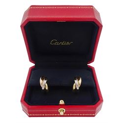 Cartier Trinity gold hoop earrings, each stud with 18ct rose, white and yellow gold intertwined rings, boxed with certificate 