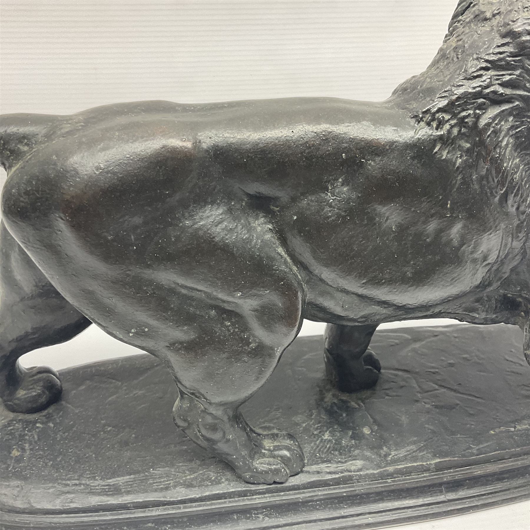 After Paul Edouard Delabrierre (French, 1829-1912), bronze, model of a lion, upon an oval base, signed E Delabrierre, overall H29.5cm, L46cm