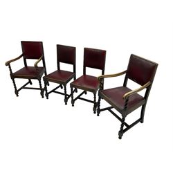 Set four early 20th century oak barley twist dining chairs, upholstered in burgundy leather with stud work, two carvers and two side chairs