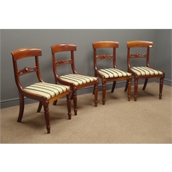  Set four Regency style dining chairs, scroll carved middle rail, upholstered drop in seat, turned and reeded supports  