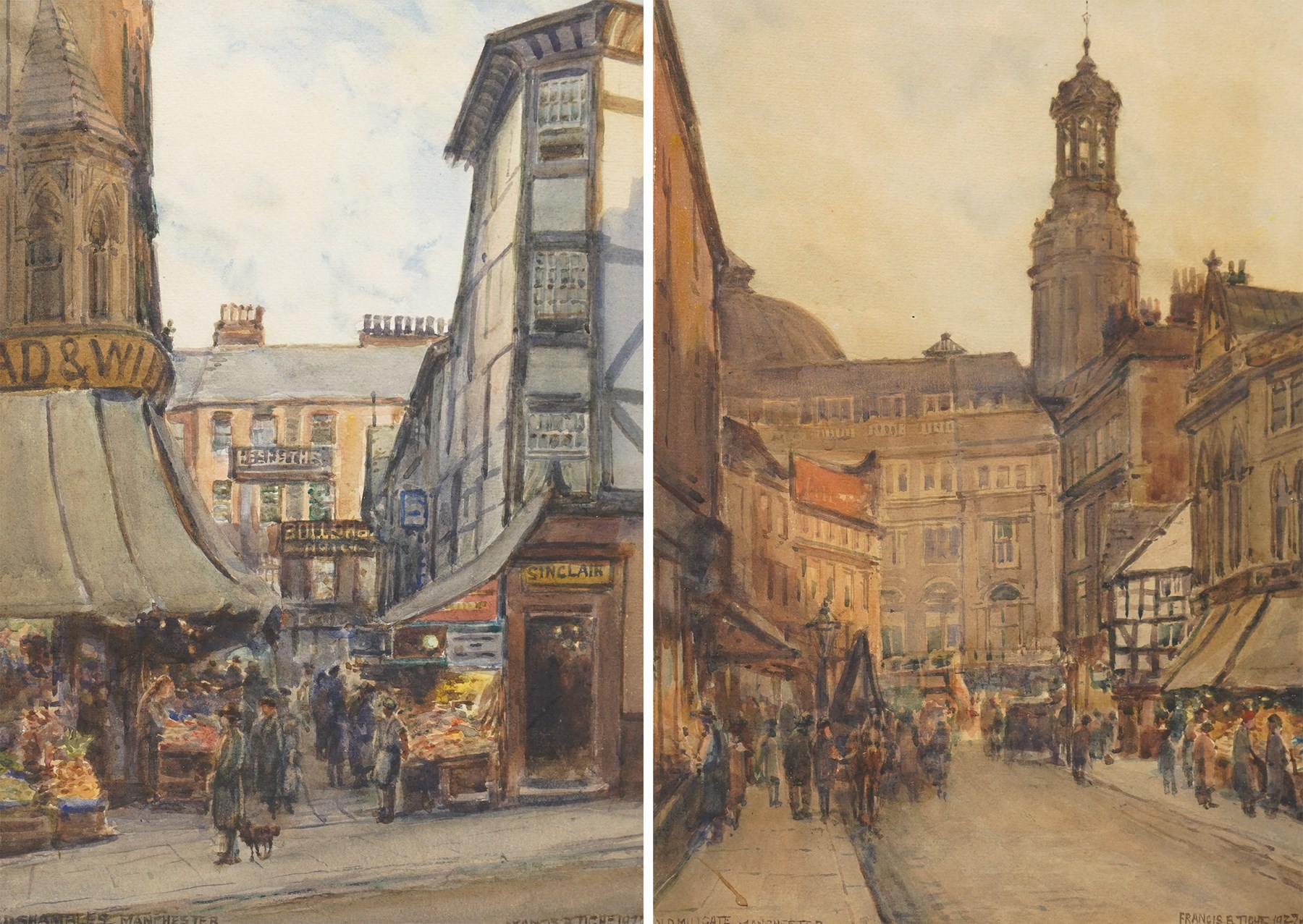 Francis Browne Tighe (British c.1865-1936): 'Old Millgate' and 'Old Shambles - Manchester', pair of watercolours signed titled and dated 1927, in matching frames 34cm x 24cm (2)