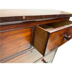 Victorian mahogany chest, fitted with two short over three long cock-beaded drawers with turned handles, on plinth base with compressed bun feet