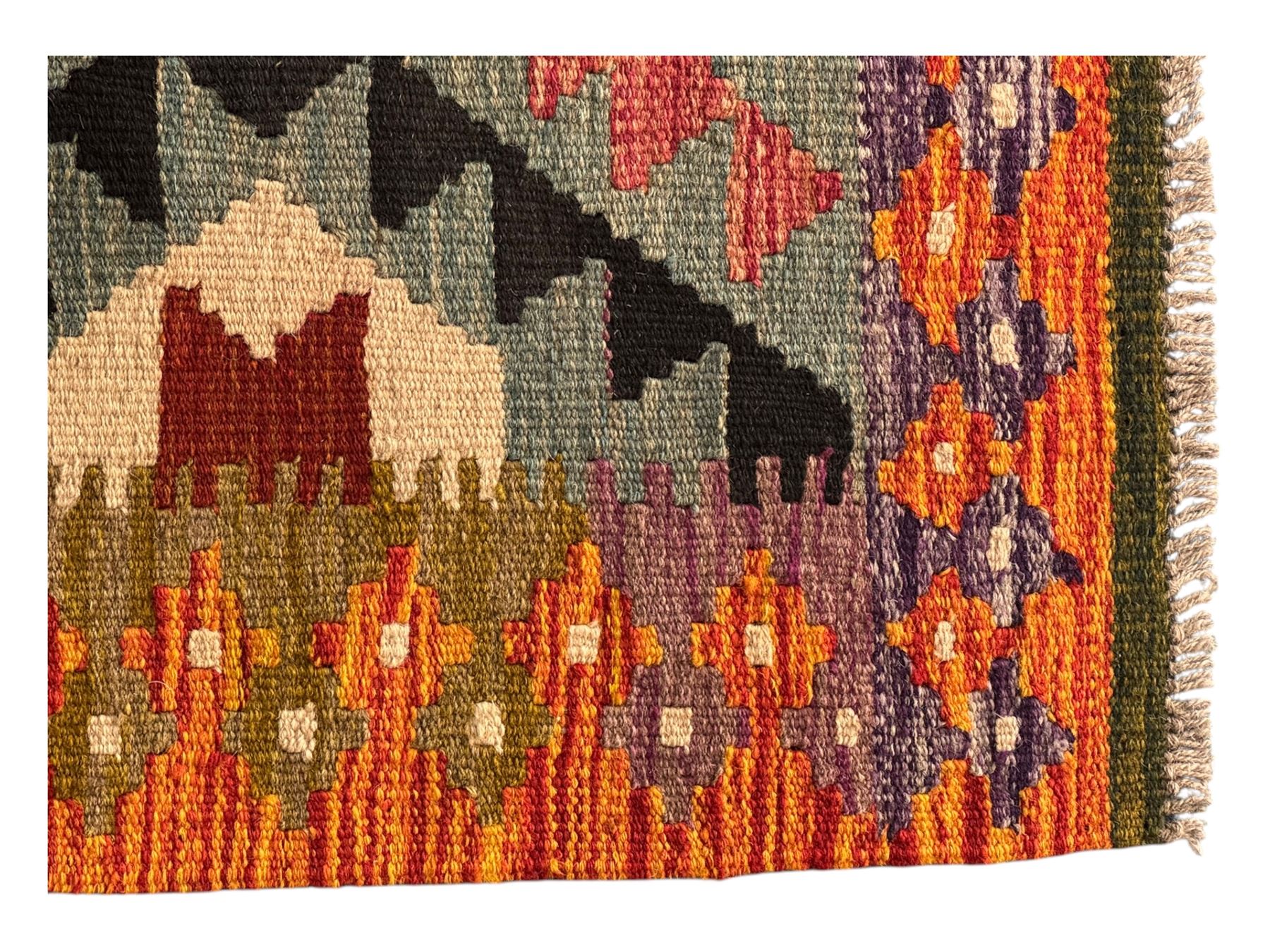 Afghan Maimana Kilim flatweave runner, handwoven with a deep teal ground showcasing a vibrant multicoloured diamond-lattice design in the traditional Maimana style, enclosed by stylised borders and finished with fringed edges 