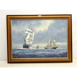  Jack Rigg (British 1927-): Tall Ships at Sea, oil on board signed and dated 1999,  44cm x 64cm  DDS - Artist's resale rights may apply to this lot  