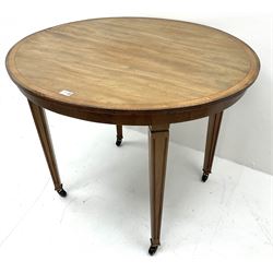 Edwardian inlaid satinwood oval window table, square receded tapering supports 
