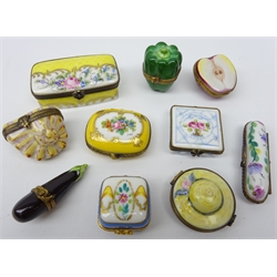  Ten Limoges hand painted porcelain boxes with gilt metal mounted including a needle case, three fruit & vegetable shaped boxes, hat & shell shaped and four others (10)  