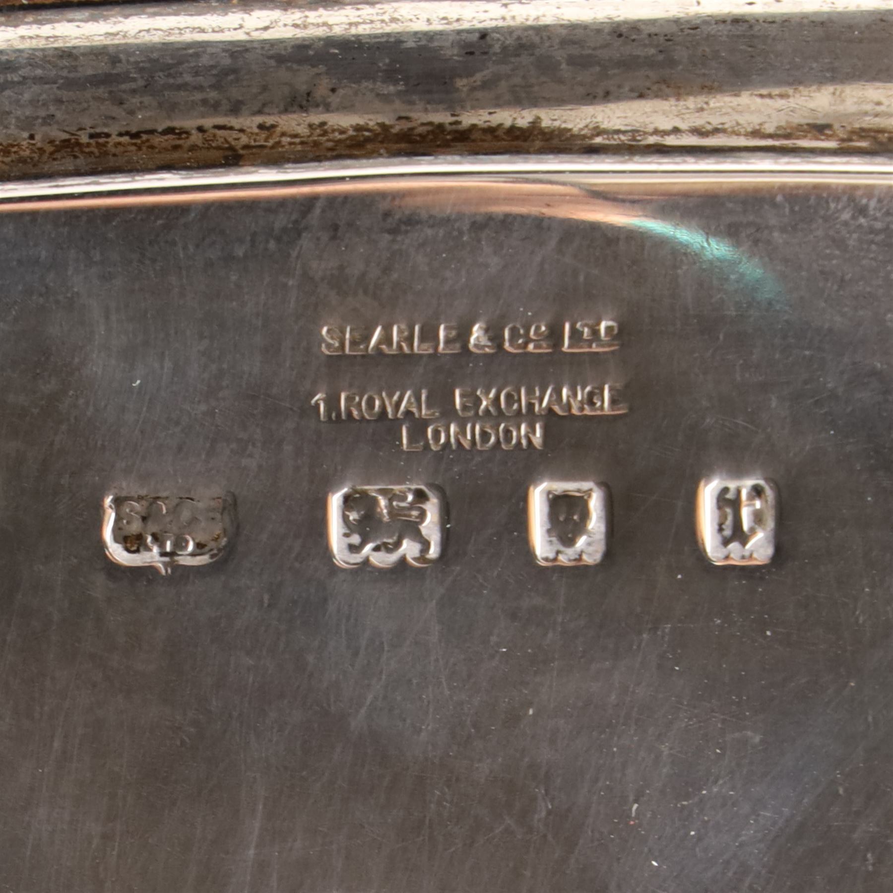 Square silver salver with canted corners and raised border on claw and ball feet 25cm London 1934 Maker Searle & Co Ltd