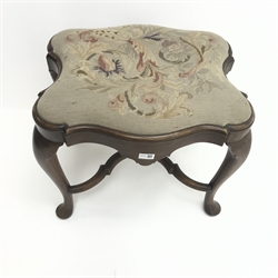  Late 19th/early 20th century mahogany serpentine dressing stool, upholstered needlework seat, cabriole legs joined by shaped stretchers, W61cm, H54cm, D42cm  