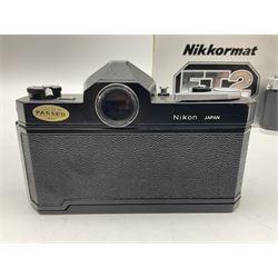 Nikkormat FT2 camera body, serial no. 5066813, in original packaging, together with Nikkormat EL camera body, serial no. 5577358, with Nikon Nikkor 50mm 1:1.8' lens no. 2143575, Nikkormat FT, serial no. 3968385, and Nikomat FT camera body, serial no. 4015491