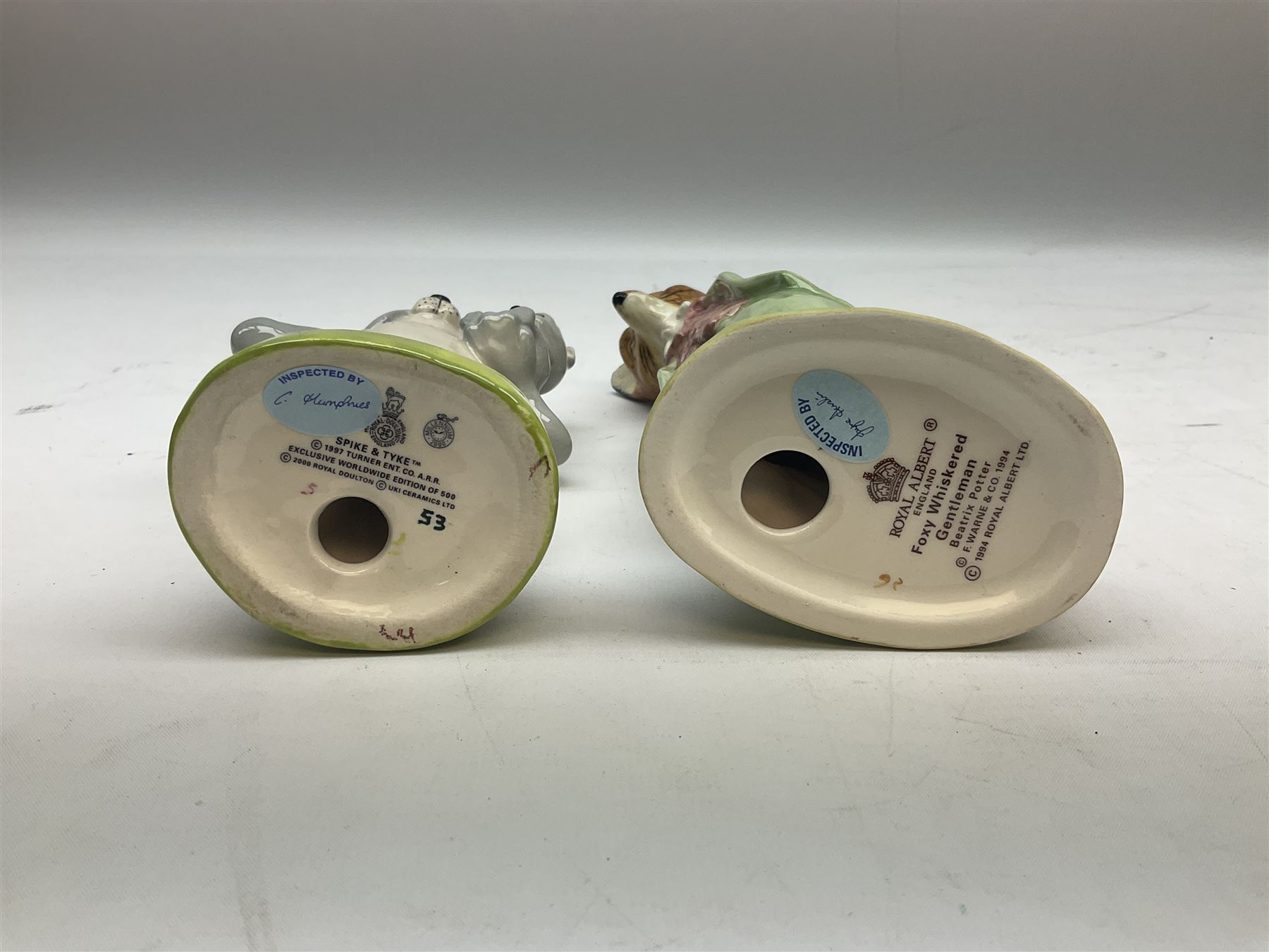 Two Royal Doulton Brambly Hedge figures comprising ‘Mrs Saltapple’ and ‘Poppy Eyebright’, Royal Albert Beatrix Potter ‘Foxy Whiskered Gentleman’ and ‘Mr Benjamin Bunny’, all with boxes, two Border Fine Arts Beatrix Potter figures comprising ‘Mrs Tiggywingle’ and ‘Mrs Rabbit’, Royal Doulton ‘Spike and Tyke’ and ‘Winnie Pooh and Footprints’ both with boxes, all marked beneath