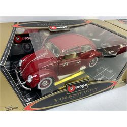 Two Bburago 1:18 scale die-cast models - Volkswagen New Beetle 1998 and Volkswagen Kafer-Beetle 1955; Corgi CC99109 Cooper 'S' three-piece set on dashboard stand; Saico 1956 Morris Minor 1000 limited edition twin-pack; and Corgi limited edition 59564 Guinness Scania Tanker and Drop-side lorry set; all boxed (5)