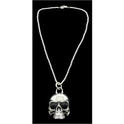 Large silver skull pendant, the eyes set with Whitby jet, on silver bead necklace, both stamped 925