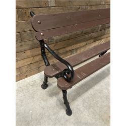 20th century tree cast iron and timber slatted garden bench, black painted frame with stained wood
