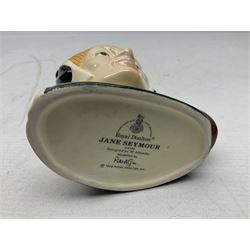 Royal Doulton Henry VIII and his Six Wives Character Jugs, comprising of Henry VIII D6647, Catherine of Aragon D6657, Anne Boleyn D6650, Jane Seymour D6746, Anne of Cleves D6753, Catherine Howard D6692 and Catherine Parr D6751, tallest H10cm